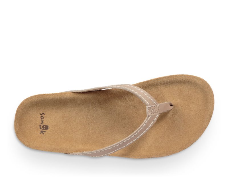 Sanuk She Loungy Leather Women's Flip Flops Beige | Canada 138TCE